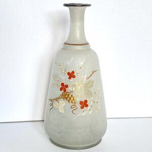 Antique Hand Blown Frosted Sand Blast Glass Hand-painted Flowers 6 3/8in Tall